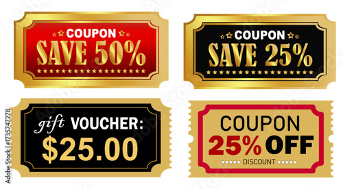 Golden Coupon and Gift Voucher Set – Luxury Discount Ticket, Promo Coupon, and Special Offer Voucher Design Collection