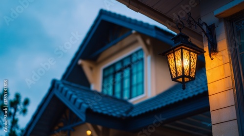 Modern wall lamp brightens exterior of beautiful house at dusk