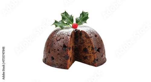 Festive Christmas pudding dusted with powdered sugar, topped with holly and a berry.