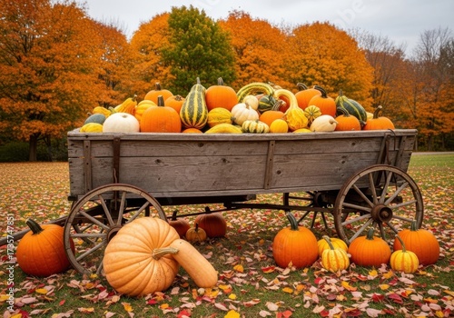 Harvest bounty of pumpkins and gourds in a rustic wagon isolated on white background