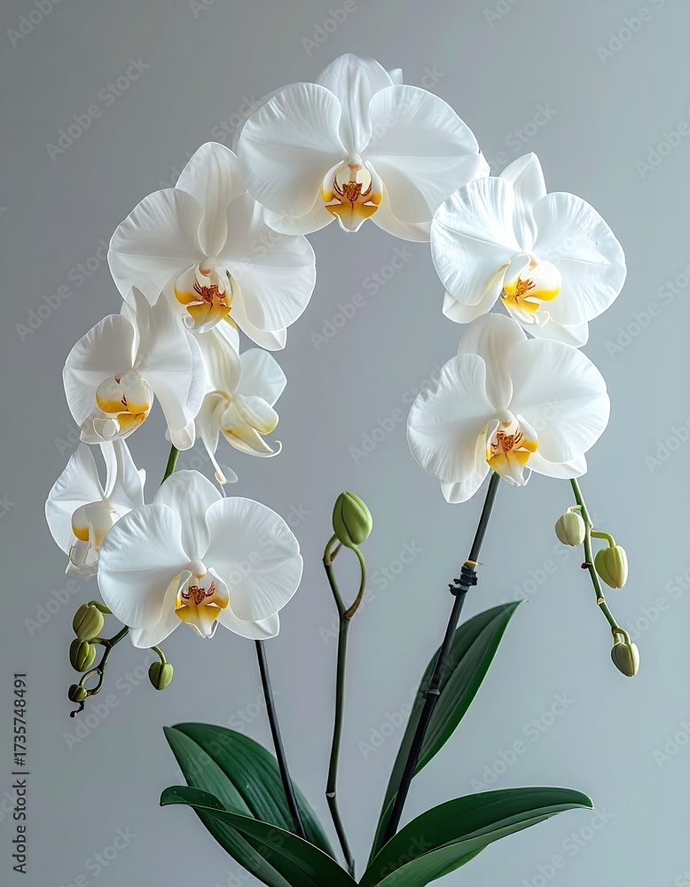 Obraz premium Elegant curve of white orchids with yellow centers and green stems