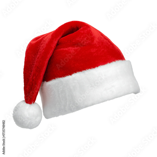 Santa Claus red hat isolated on a transparent PNG background. Traditional holiday Christmas cap. Festive element.