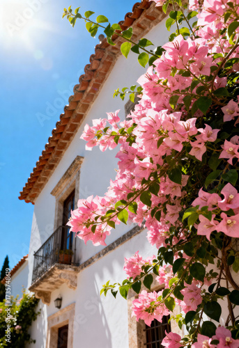 White house with pink flowers and blue sky