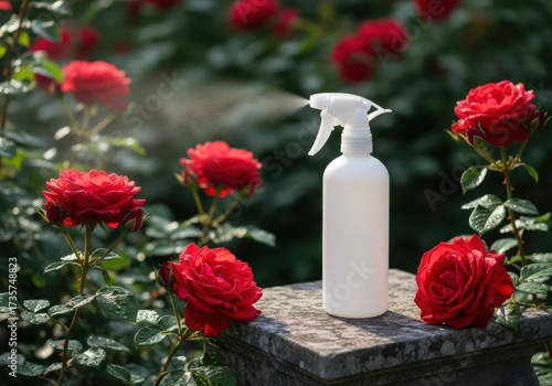 White spray bottle dispensing liquid among vibrant red roses isolated on white background