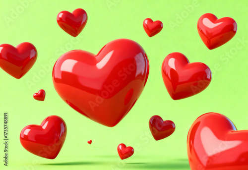 Shiny red hearts floating against a green background.
