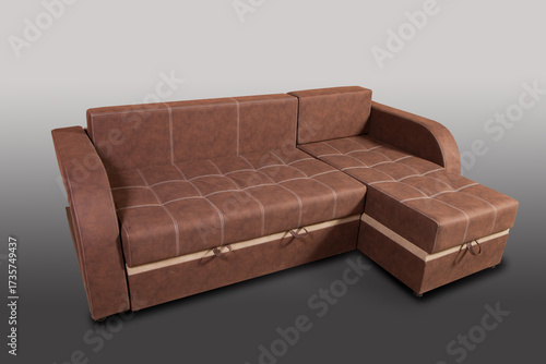 Isolated sofa bed with fabric upholstery on grey gradient background.