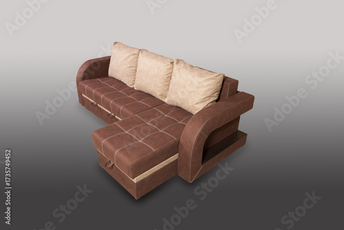 Isolated sofa bed with fabric upholstery on grey gradient background.
