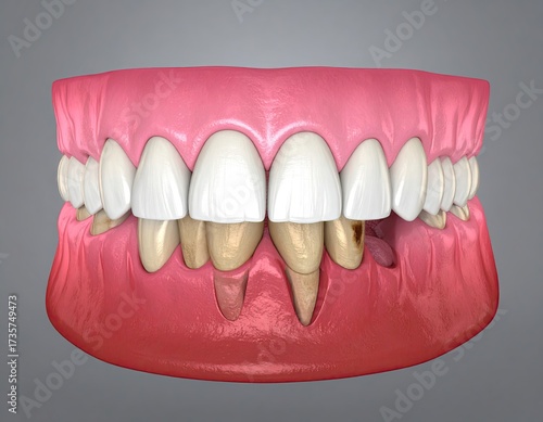 Receding gums, teeth exposure, and bone loss in rendered view