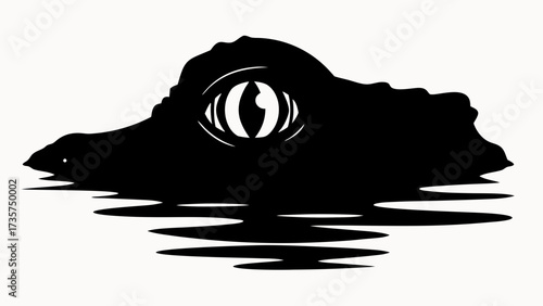 Silhouette of an alligator head with visible eye above water in a minimalist black and white design