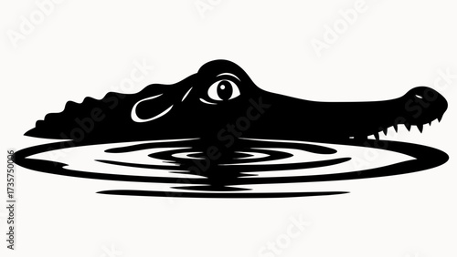 Silhouette of an alligator partially submerged in water with ripples on the surface shown in black