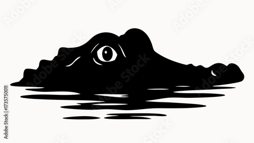 Silhouette of an alligator head partially submerged in water with a visible eye on a white background