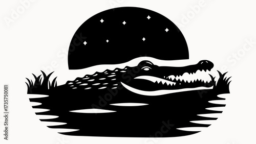 Silhouette of an alligator in water under a starry night sky with grass and ripples around it