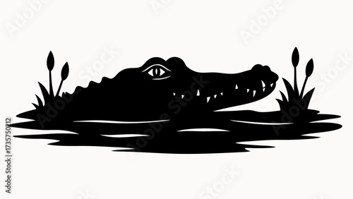 Silhouette of an alligator in water with reeds on either side in a simple black and white design