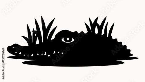 Silhouette of alligator with eye visible above water and grass in black and white graphic design
