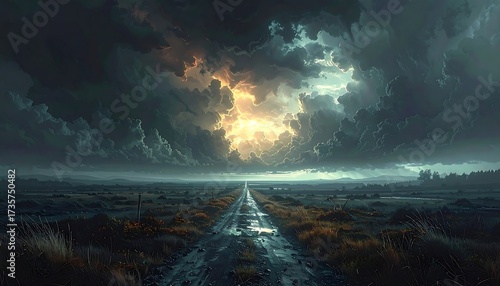 Dramatic road stretches through stormy sky