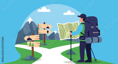Hiker at a crossroads with a map and signposts.