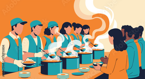 Volunteers serving food to people in a soup kitchen.