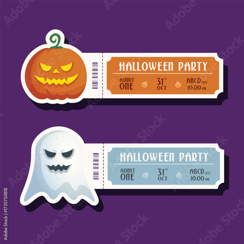 Set of Halloween Party Ticket Templates with Pumpkin and Ghost
