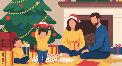 Family opening Christmas presents by the tree and fireplace.