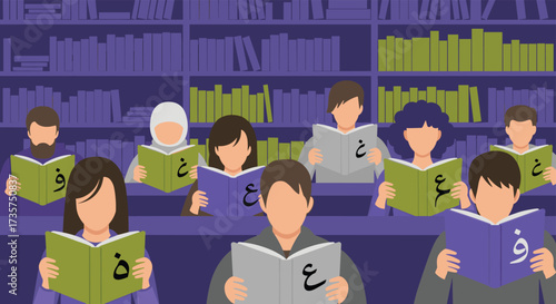 Diverse group of people reading books with Arabic letters in a library setting.
