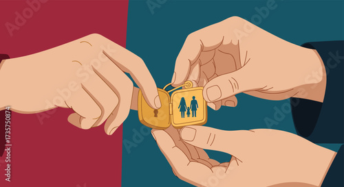 Hands passing a small cube with family icon and lock symbol.
