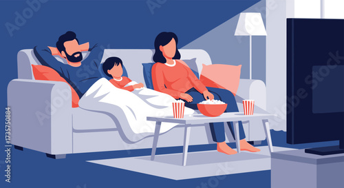Family relaxing on couch watching television together.