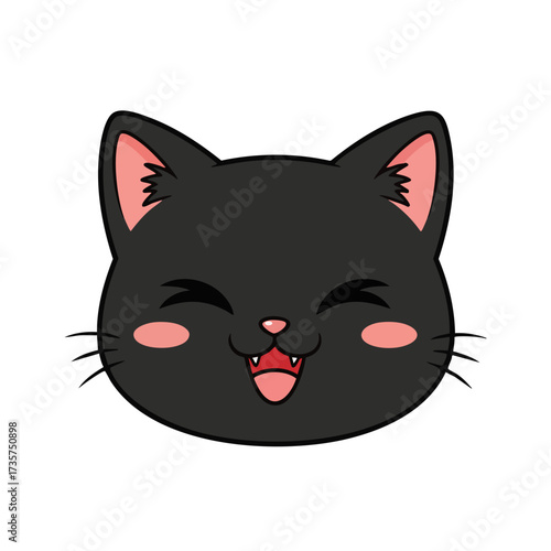 Smiling Black Cat Face with Pink Cheeks and Open Mouth
