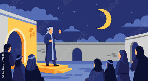 An old man stands on a raised platform telling a story to a group of people under the night sky with a crescent moon.