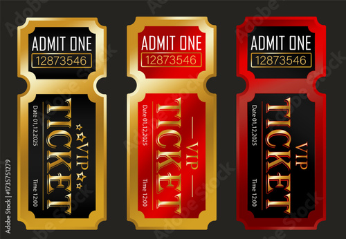 Set of VIP Ticket and Admit One Golden Entry Tickets – Luxury Event, Movie, Concert, Party and Cinema Invitation Design