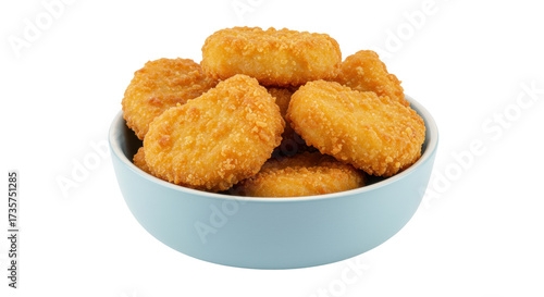 Golden chicken nuggets in a bowl isolated, crispy fried fast food snack on no background for restaurant menu and advertising