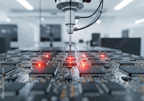 Automated robotic arm assembling microchips on a circuit board isolated on white background