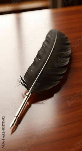 Vintage Quill Pen on Wooden Tabletop.