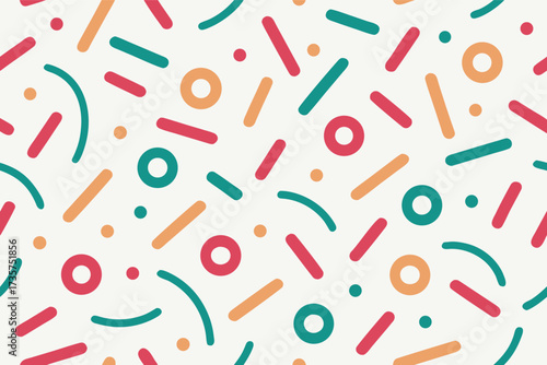Vibrant abstract doodle pattern with bold colorful shapes and scattered dots