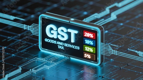 A digital display showcasing GST rates, highlighting different tax percentages for Goods and Services Tax in a futuristic, tech-inspired design.