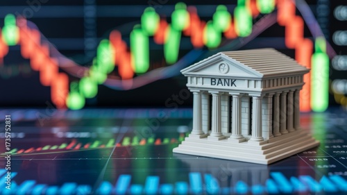 A miniature bank model stands prominently against a backdrop of colorful financial graphs, symbolizing the banking sector and market trends.