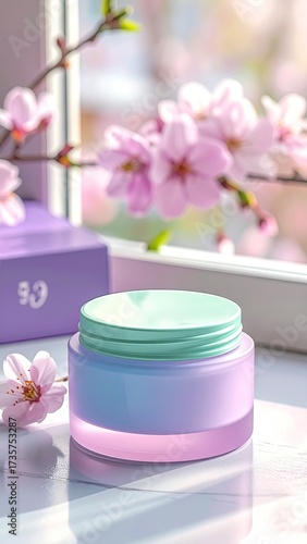 Wallpaper Mural Pastel cream jar near window, cherry blossom in soft light Torontodigital.ca