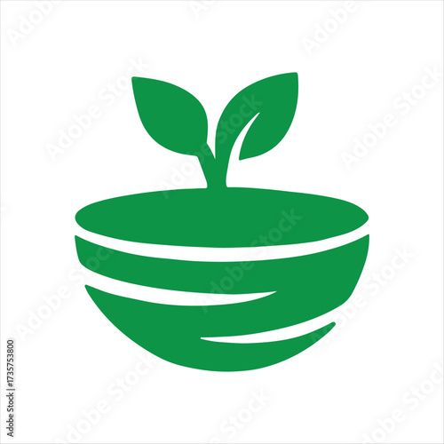 Stylized Green Bowl with Sprouting Plant Icon – Minimal Vector Symbol Representing Organic Food, Healthy Eating, Sustainability, Agriculture, Eco Lifestyle, and Nature-Inspired Branding