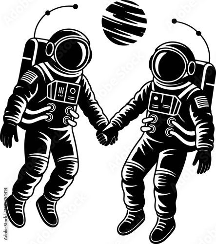 Two astronauts in space suits holding hands in front of a striped planet depicting connection and partnership in the vastness of the universe a visually striking bundle design