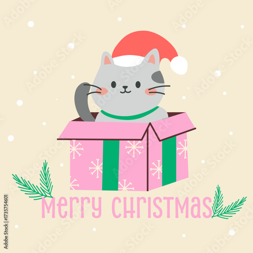 Christmas cat in gift box greeting card with merry christmas festive design