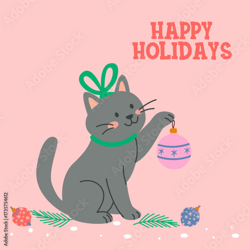 Happy holidays christmas cat background with festive bauble design
