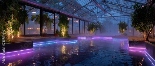 Neon-Lit Indoor Pool in Glass Greenhouse with Potted Trees and Misty Atmosphere