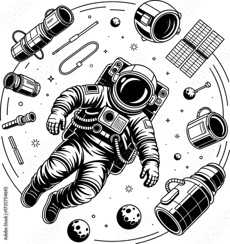 Astronaut in Outer Space Surrounded by Celestial Objects and Spacecraft Equipment for an Extraterrestrial Exploration Mission Bundle Design
