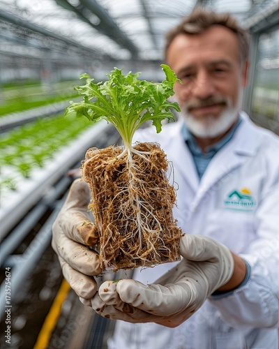 Scientist Holding Hydroponic plant with Exposed Roots in Controlled Greenhouse Environment
