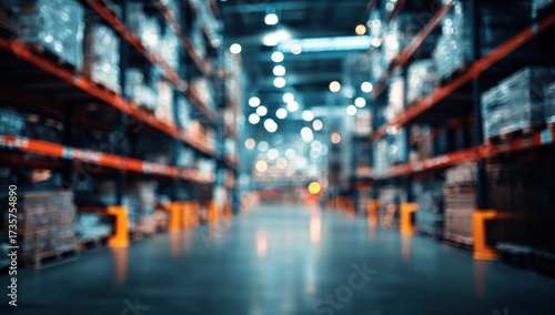 Blurred perspective of a modern warehouse interior with shelves and boxes.