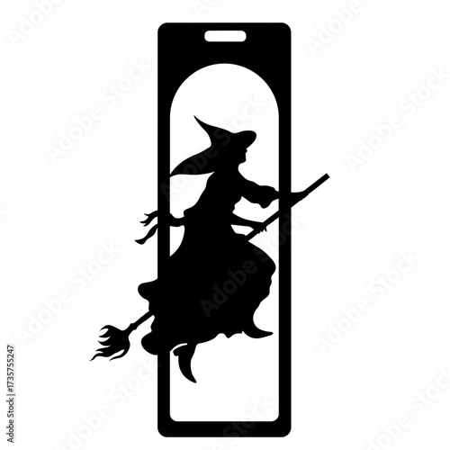 Silhouette of a witch flying on a broomstick inside a bookmark