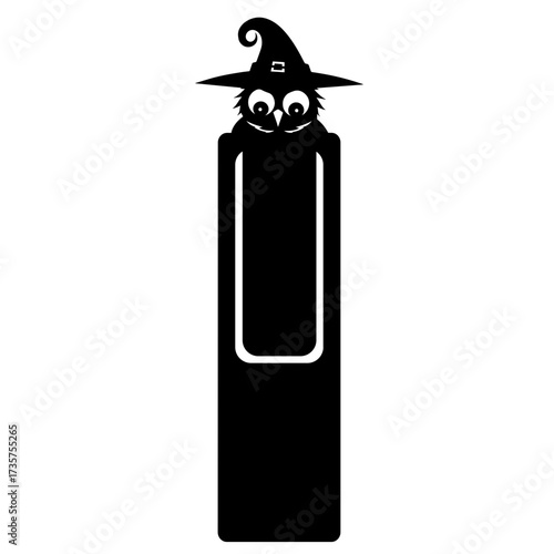 Black and white bookmark featuring an owl wearing a witch hat in a minimalist design style image