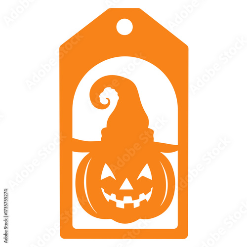 Orange halloween tag featuring a pumpkin wearing a witch hat with a curly point on top of its head