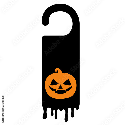 Black door hanger with an orange jack o lantern and dripping paint for Halloween decoration design