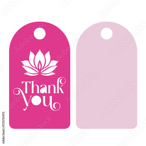 Two thank you tags one with a lotus flower and thank you text the other is a solid light pink color