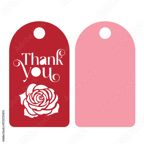 Two hanging tags one red with thank you and a rose and the other pink with a hole at the top edge
